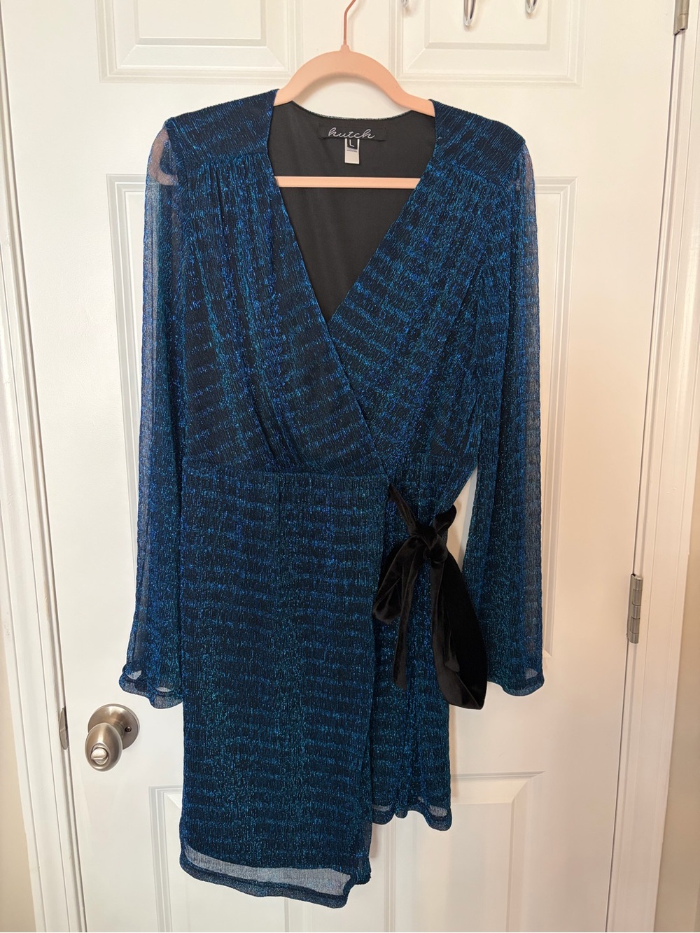 Hutch Anthropologie Gigi Blue Metallic Wrap Dress with Velvet Tie - Large